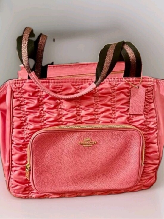 Coach Handbags - Coach Pink Ruched Nylon/Leather Court Tote with Front Zip Pocket-EUC